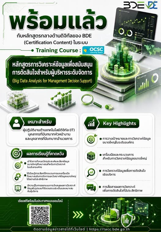 พร้อมแล้ว หลักสูตรกลางด้านดิจิทัลของ BDE (Certification Content) หลักสูตรการวิเคราะห์ข้อมูลเพื่อสนับสนุนการตัดสินใจสำหรับผู้บริหารระดับจัดการ (Big Data Analysis for Management Decision Support)