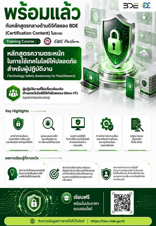 พร้อมแล้ว หลักสูตรกลางด้านดิจิทัลของ BDE (Certification Content) หลักสูตรความตระหนักในการใช้เทคโนโลยีให้ปลอดภัยสำหรับผู้ปฏิบัติงาน (Technology Safety Awareness for Practitioners) ในระบบ Training Course : EWE Platform
